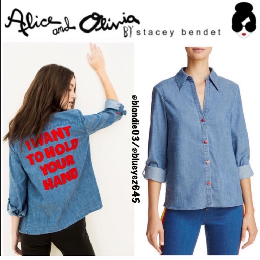 Alice + Olivia Eloise I WANT TO HOLD YOUR HAND soft denim button down Blouse M